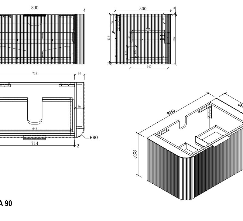 PIAZA 900mm Fluted Wall Hung Vanity - White