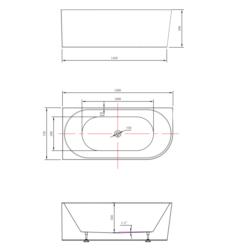 Victor 1500mm Left Hand Corner Freestanding Bathtub - overflow option