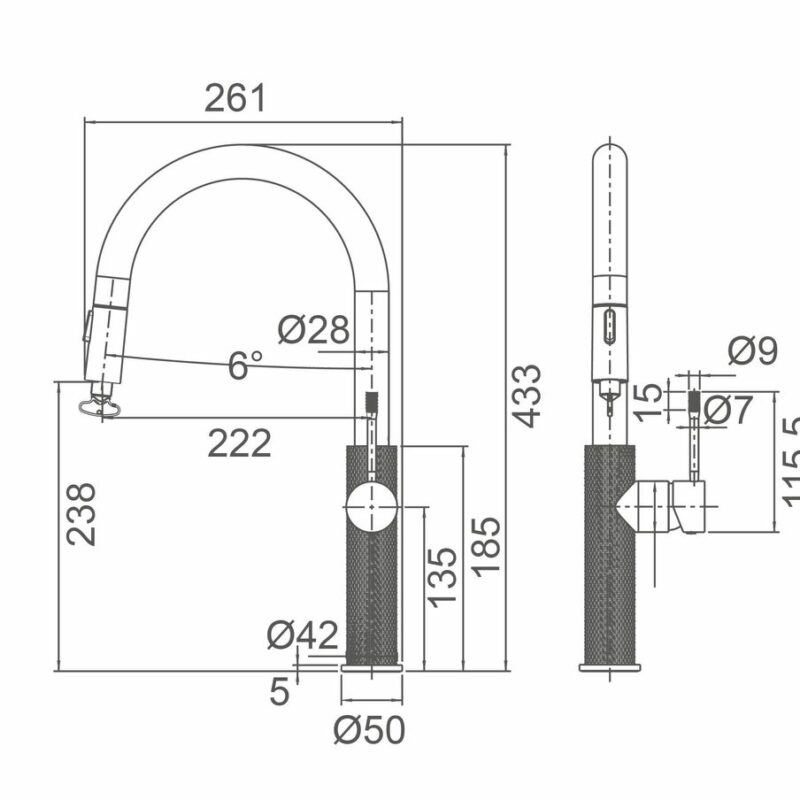 TIARA Knurled Kitchen Sink Mixer Tap With Pull Out Spray