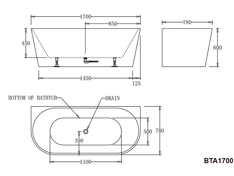 ATLANTA 1500/ 1700mm Spa Back to Wall Bathtub in Gloss White