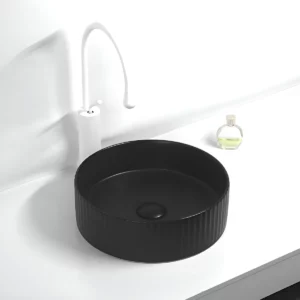 Round 360mm Fluted Matte Black Counter Top Basin