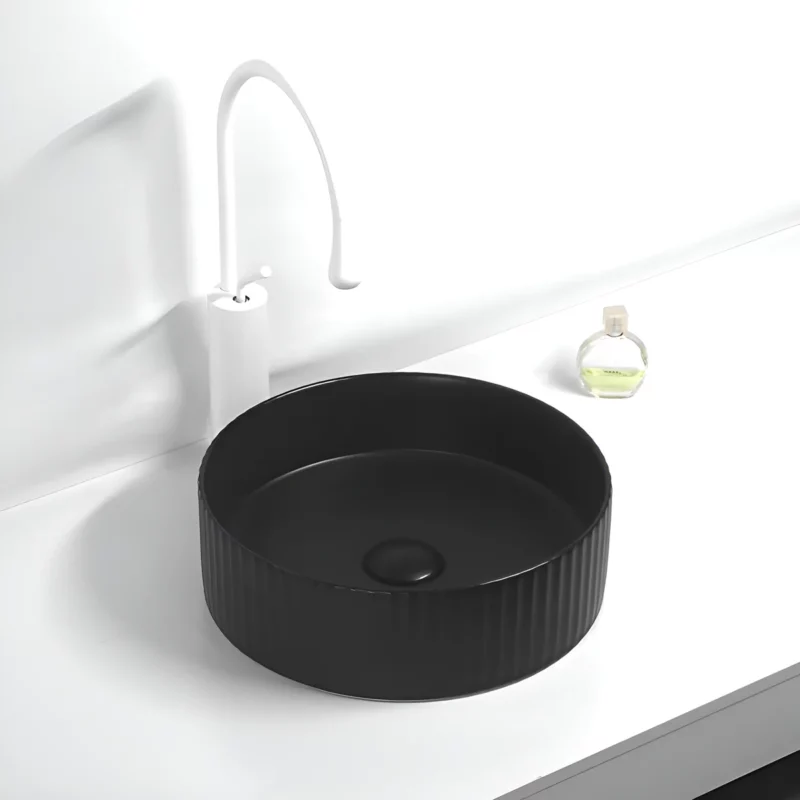 Round 360mm Fluted Matte Black Counter Top Basin