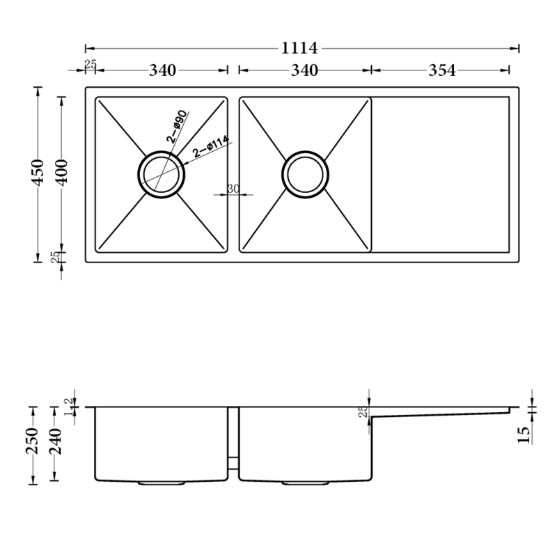 Atlas 1114* 440mm Double Bowl Handmade Kitchen Sink Black
