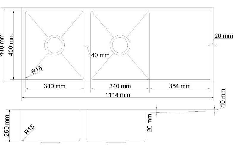 Atlas 1114* 440* 250mm Double Bowl Handmade Kitchen Sink Chrome