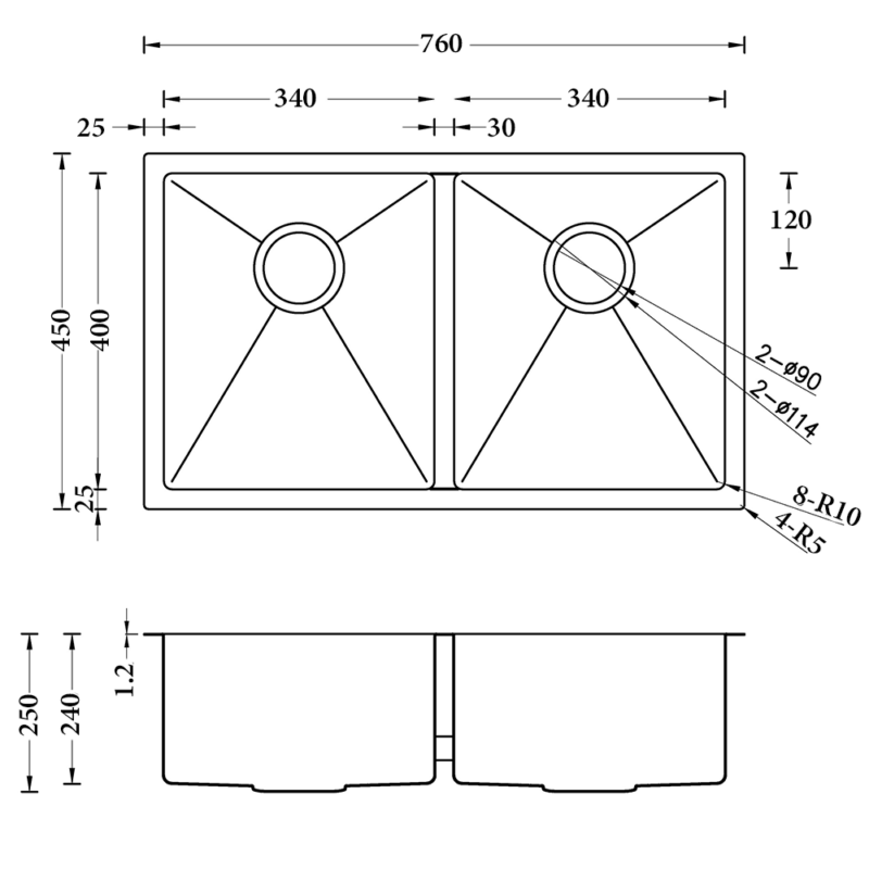 Atlas 760 * 440 * 250mm Double Bowl Handmade Kitchen Sink Chrome