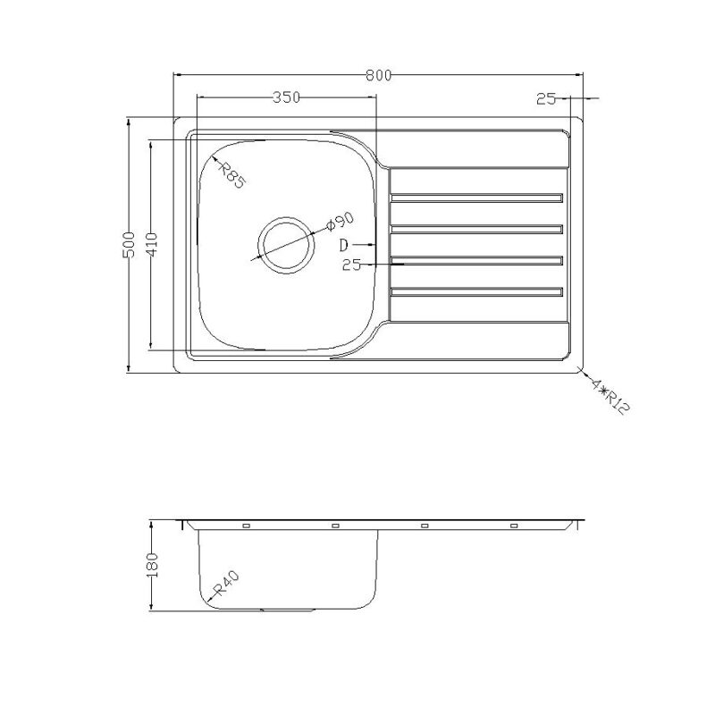 Prague 800* 500mm Top Mount Single Bowl with Drainer Pressing Kitchen Sink