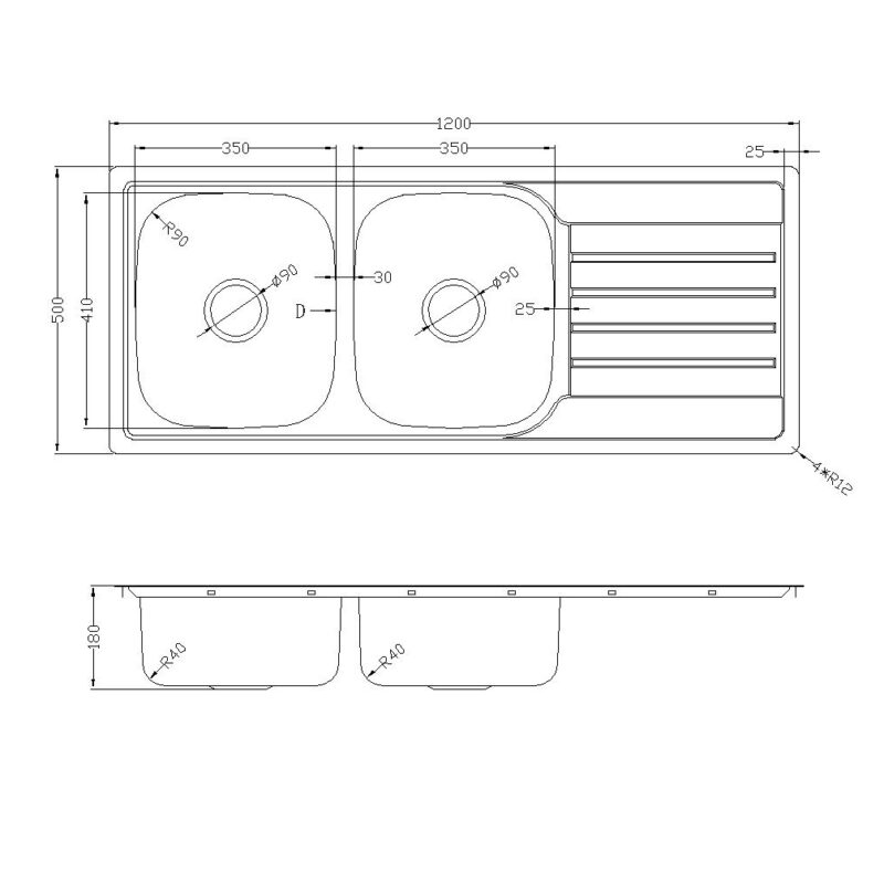 Prague 1200X500mm Top Mount Double Bowl Pressing Kitchen Sink Chrome