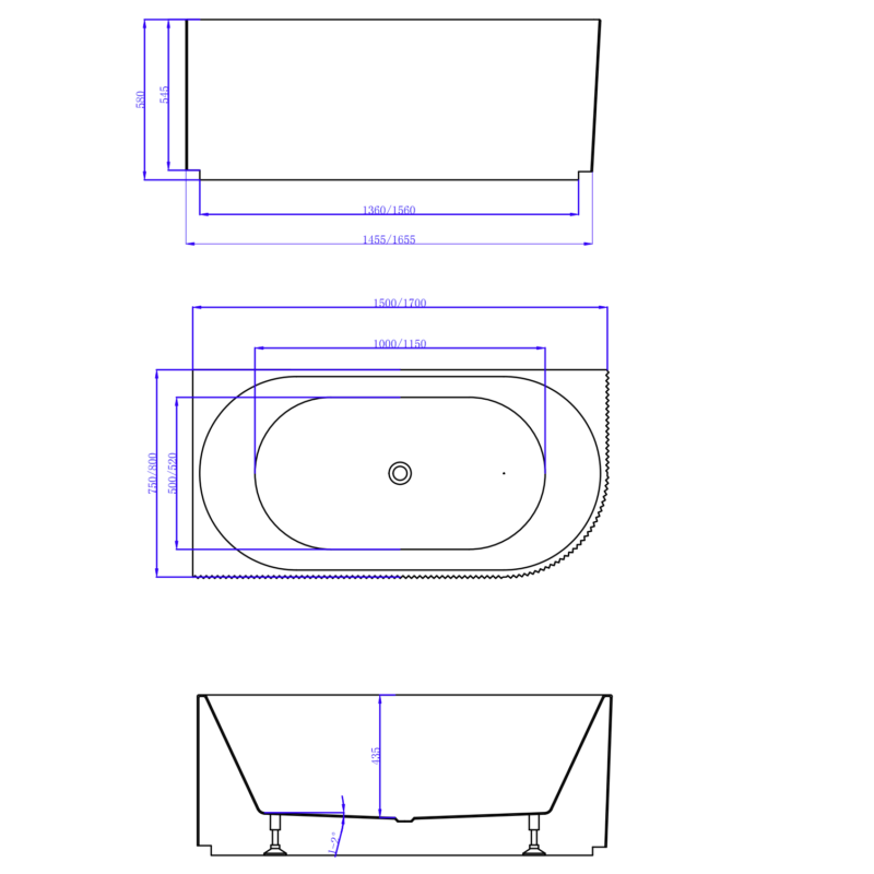 BENITA 1500mm Fluted Left Hand Corner Gloss White Bath Tub