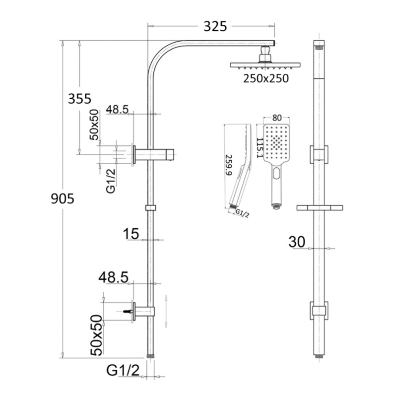 Cresta 250mm Square head Dual Shower Rail - Brushed Gold