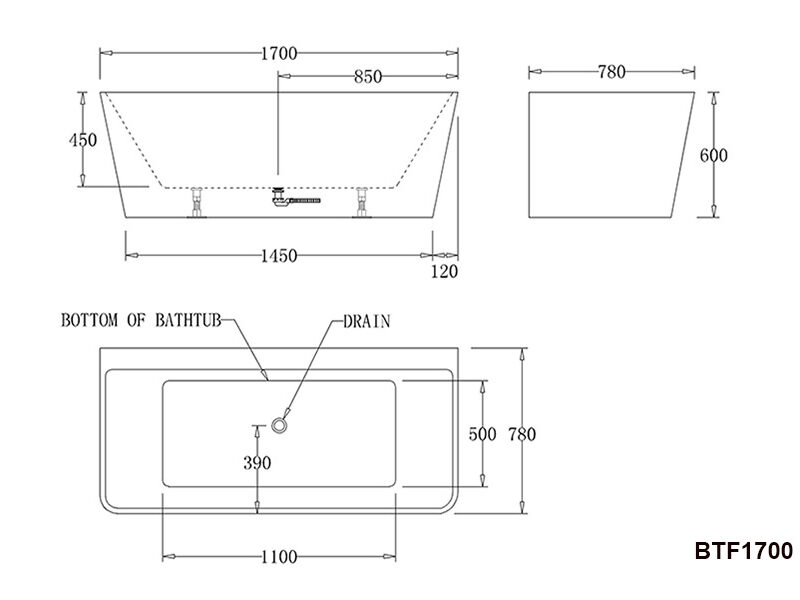 FLORENCE 1500/ 1700mm Back to Wall Bathtub in White & Black