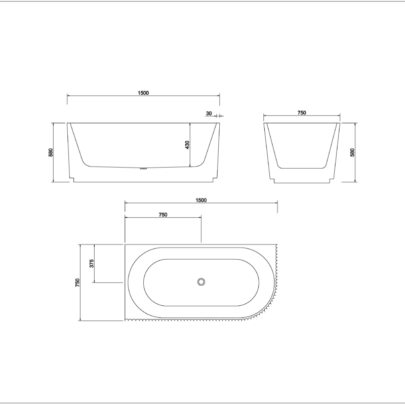GENOA 1500/ 1700mm Fluted Left Corner Freestanding Bathtub