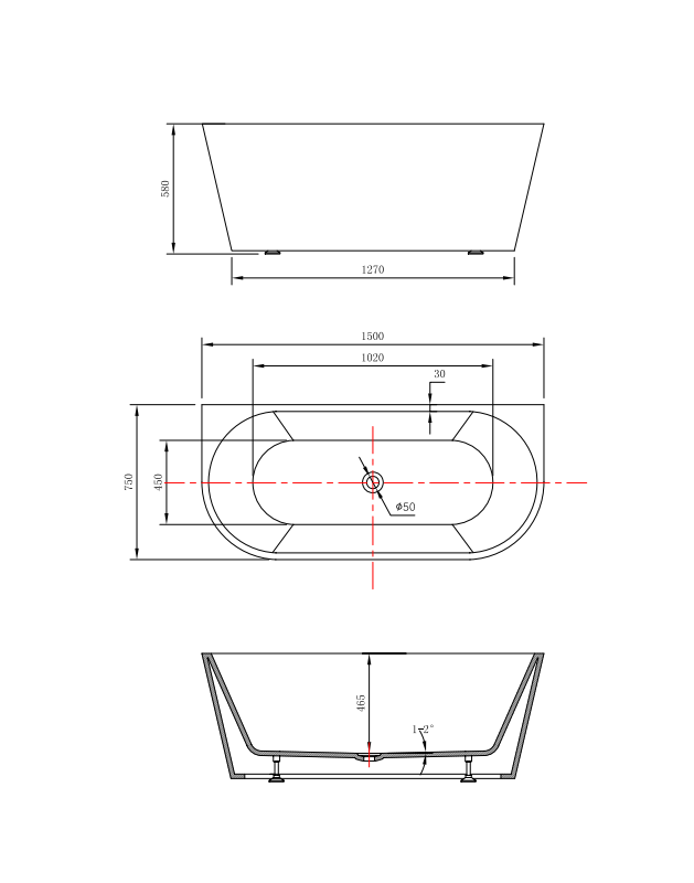 ROYAL 1500mm Back to Wall Freestanding Bath Tub