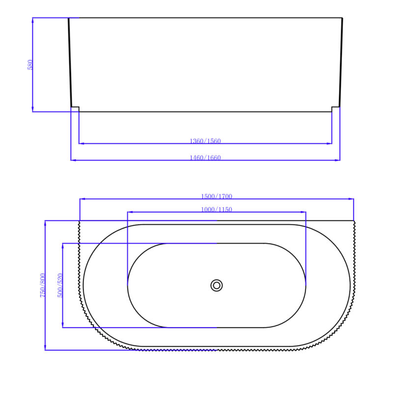 NOVEL 1700 Fluted Back to Wall Bathtub Gloss White
