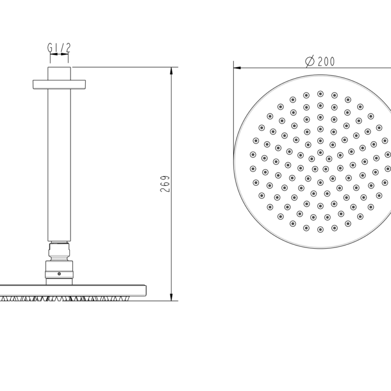 Brass Round Vertical Ceiling Shower in Brushed Brass 200mm