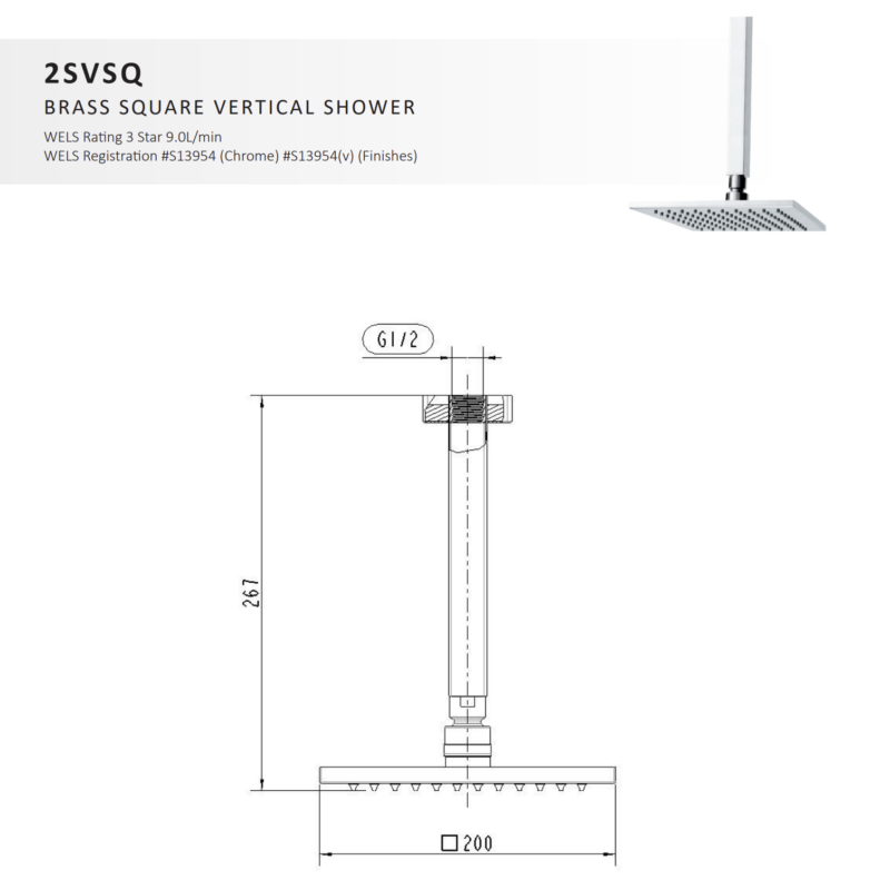 Brass Square Vertical Ceiling Shower 200mm Drop in Brushed Brass