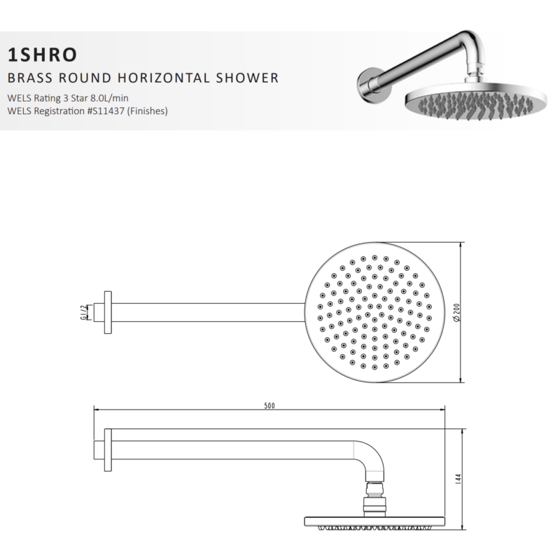 200mm Round Brass Horizontal Wall Shower in Brushed Brass