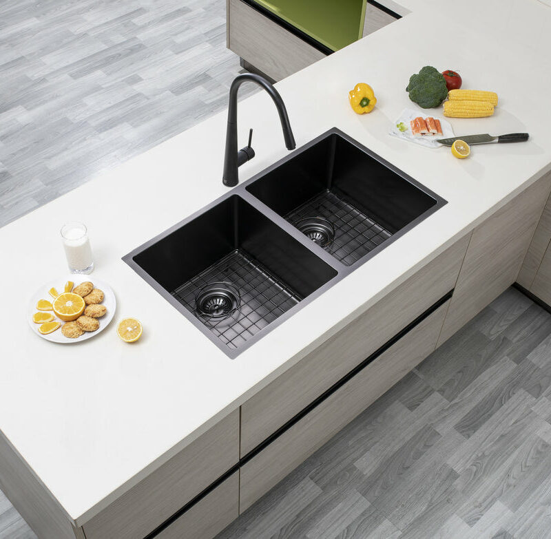 770*450mm Gun Metal Grey Hand-made Double Bowl Smooth Finish Kitchen Sink