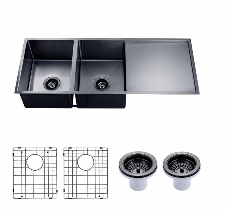 1160x460mm Gun Metal Grey Handmade Double Bowl Drainer Board Kitchen Sink