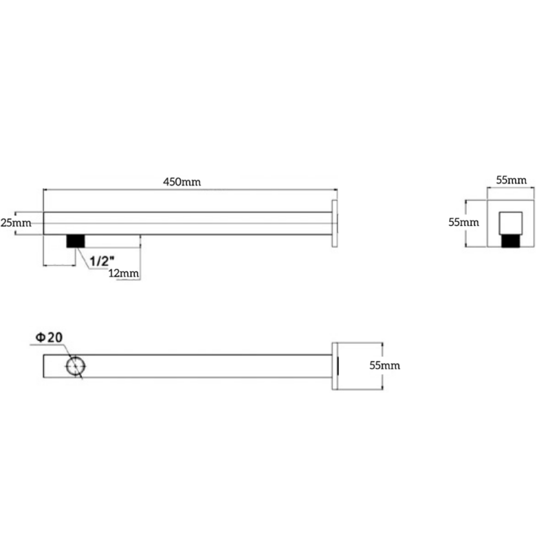 Cresta Square 450mm Wall Shower Arm - Gunmetal