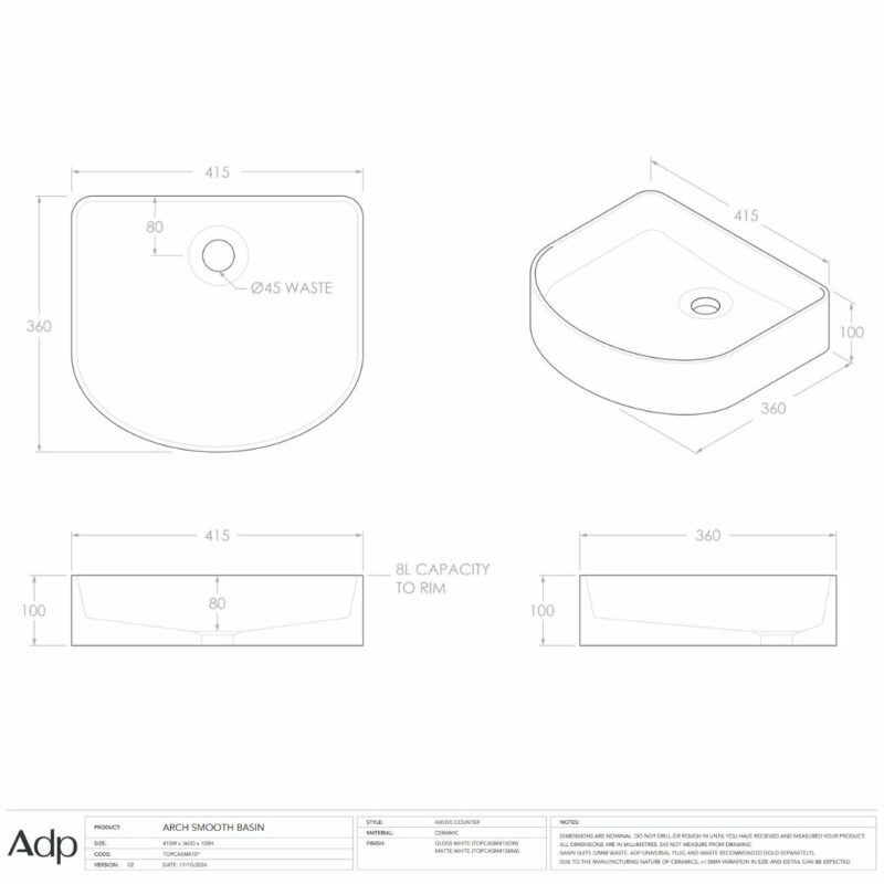 Arch Smooth 415 wide Matte/ Gloss White Counter Top Basin