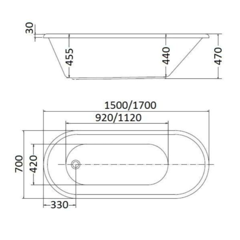 Heritage 1500/ 1700mm Drop in Bathtub - Overflow option