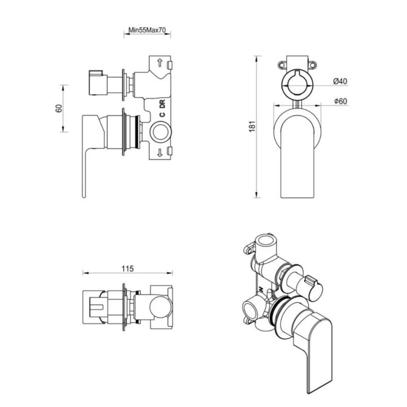 Beki Eleniko 2 piece Shower Mixer Diverter in Chrome