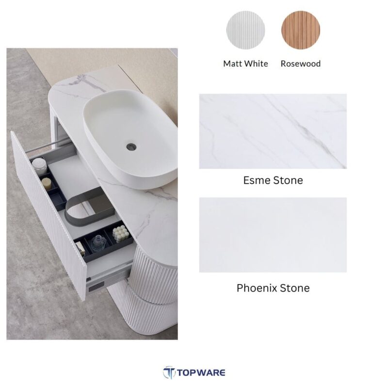 Hudson 900/ 1200/ 1500mm Fluted Rosewood Curved Vanity with Side drawers