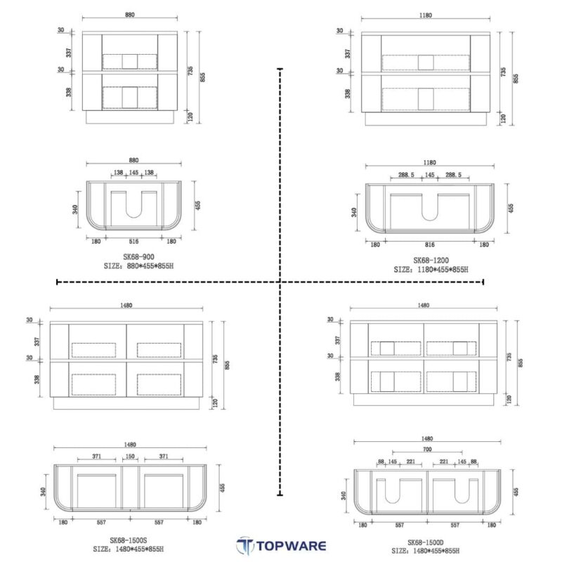 Hudson 900/ 1200/ 1500mm Fluted Rosewood Curved Vanity with Side drawers