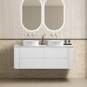 Almere 1500mm Double Alpine White Fluted Wall Hung Vanity with Side Drawers