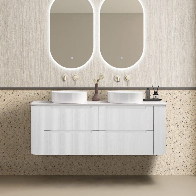 Almere 1500mm Double Alpine White Fluted Wall Hung Vanity with Side Drawers