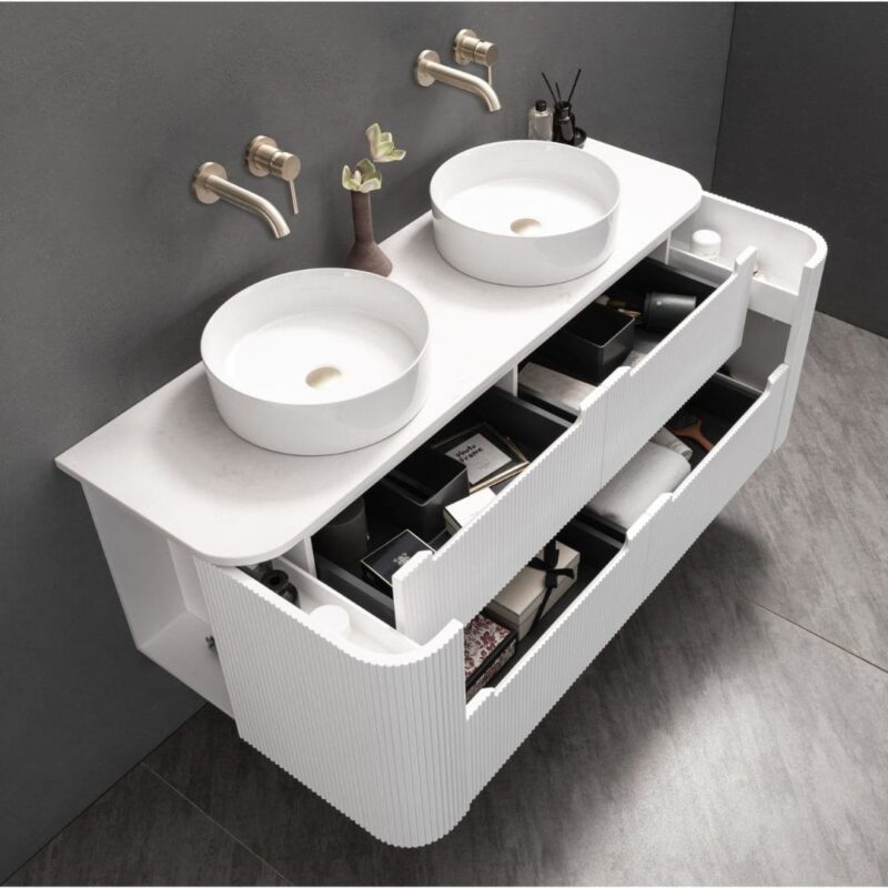 Almere 1500mm Double Alpine White Fluted Wall Hung Vanity with Side Drawers
