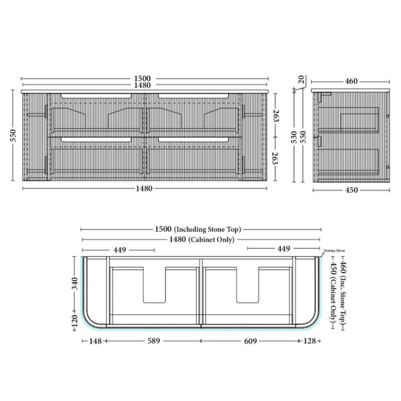 Oakmere 1500mm Golden Oak Double Wall Hung Fluted Vanity with side drawers