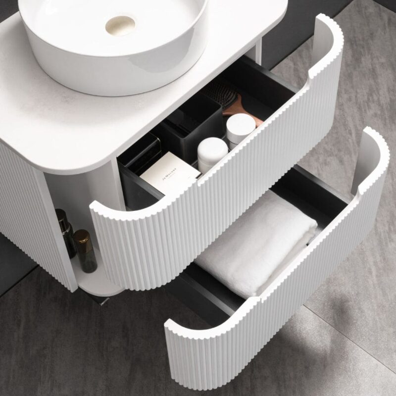 Almere 750mm Alpine White Fluted Wall Hung Vanity with Side Drawers