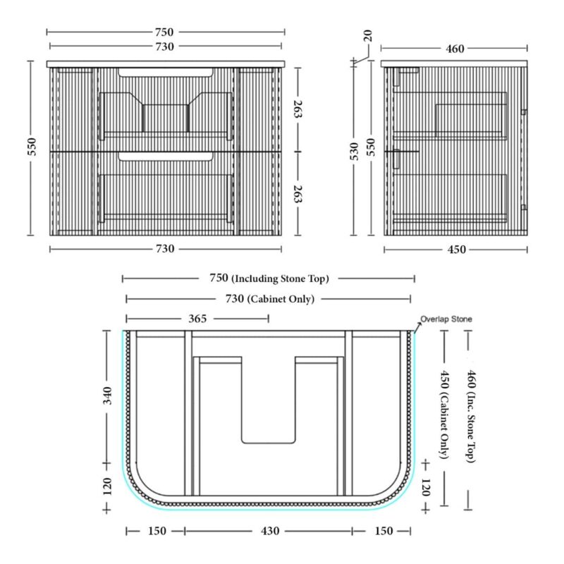 Almere 750mm Alpine White Fluted Wall Hung Vanity with Side Drawers