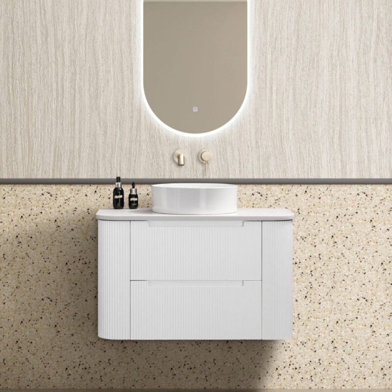 Almere 900mm Alpine White Fluted Wall Hung Vanity with Side Drawers