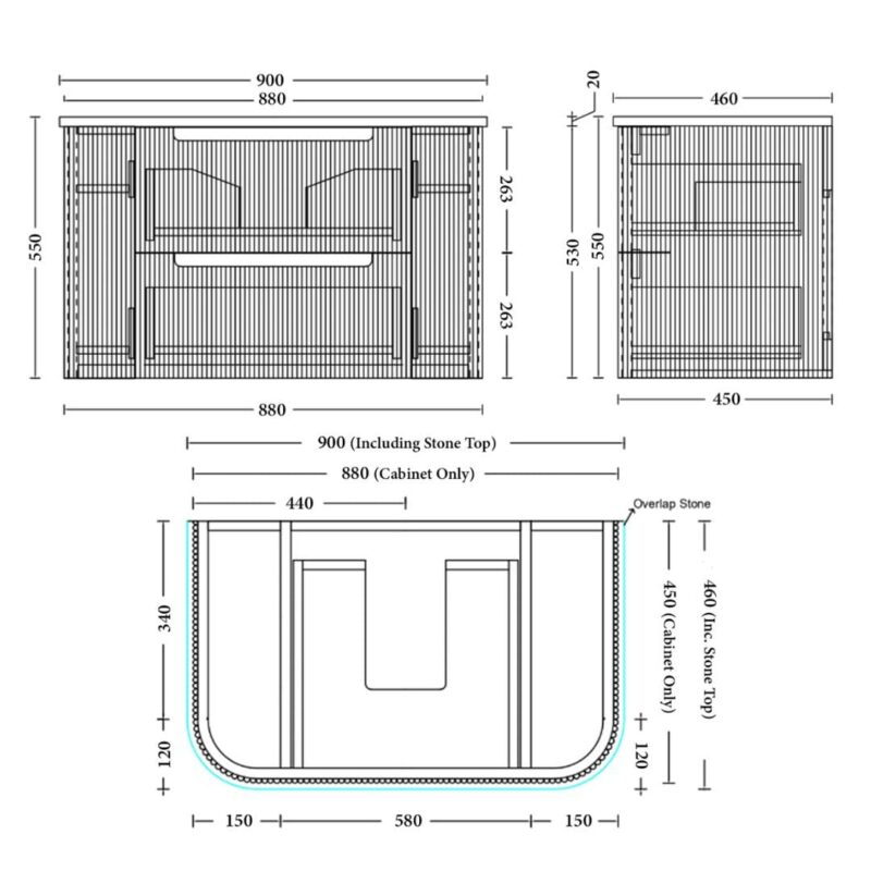 Almere 900mm Alpine White Fluted Wall Hung Vanity with Side Drawers
