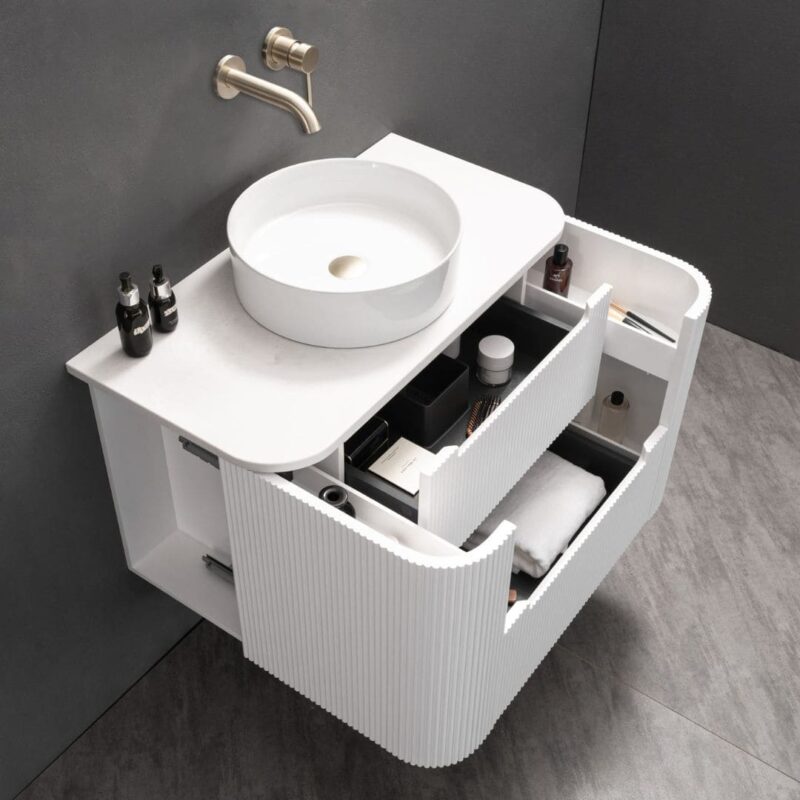 Almere 900mm Alpine White Fluted Wall Hung Vanity with Side Drawers