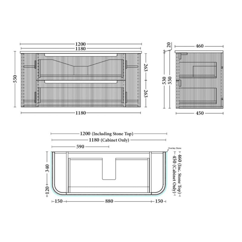 Almere 1200mm Alpine White Fluted Wall Hung Vanity with Side Drawers