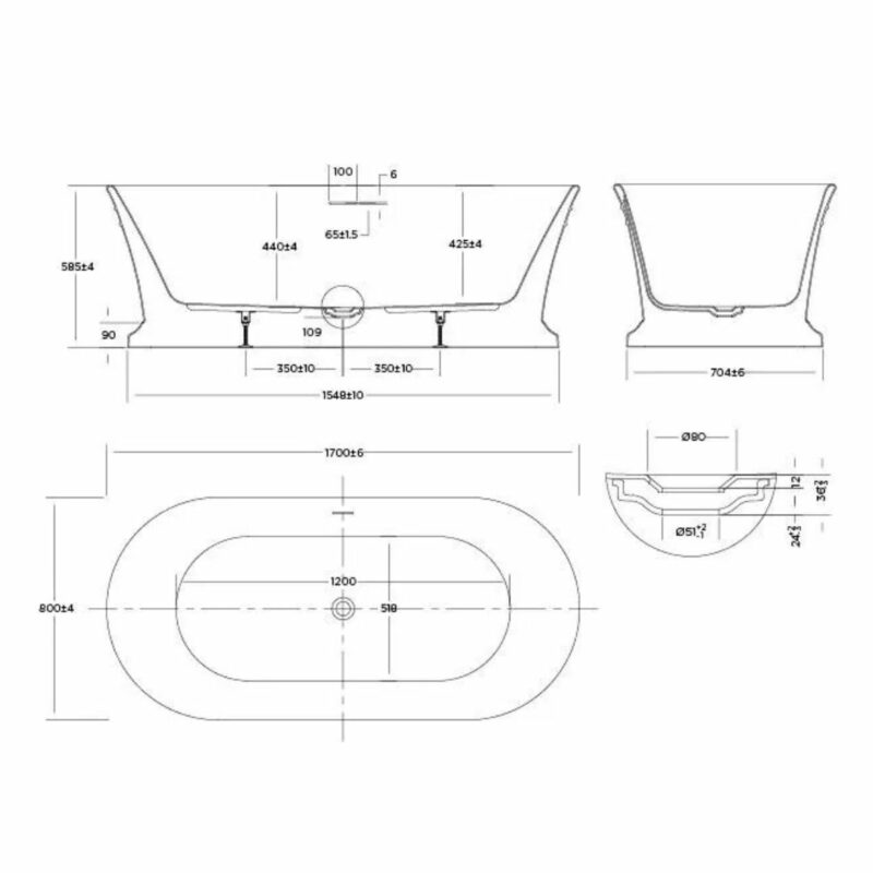 Oasis 1700mm Overflow Gloss White Freestanding Bath Tub