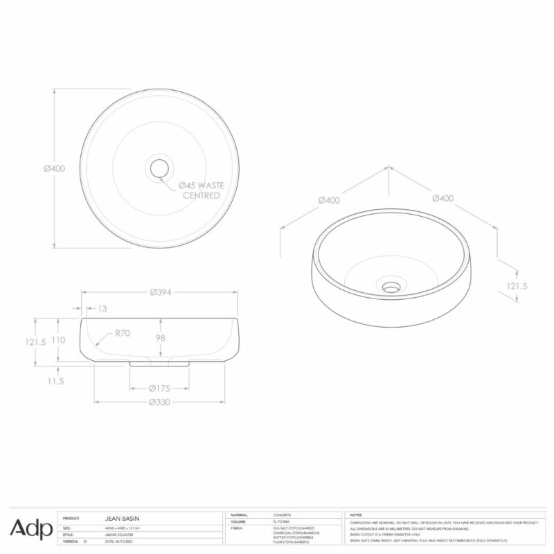 Jean Plum 400mm wide Concrete Counter Top Basin