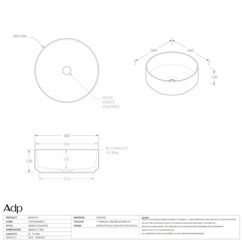 Margot Black & White 360 x 130mm high Round Basin