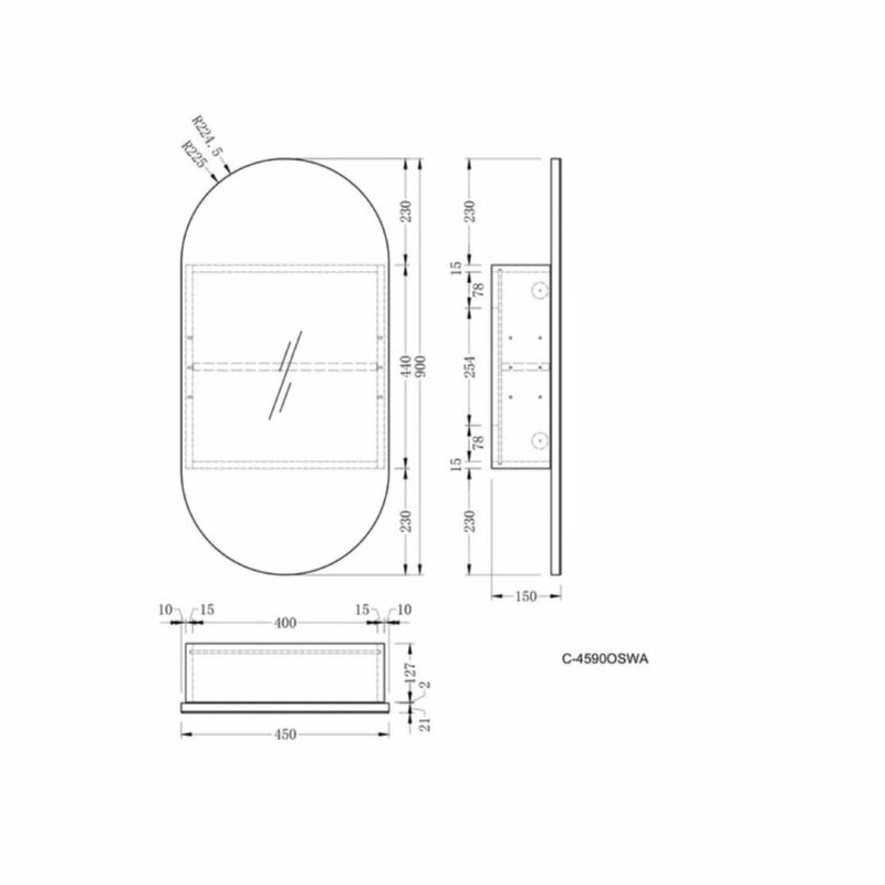 Noble 450x900mm WALNUT Oval Shaving Cabinet