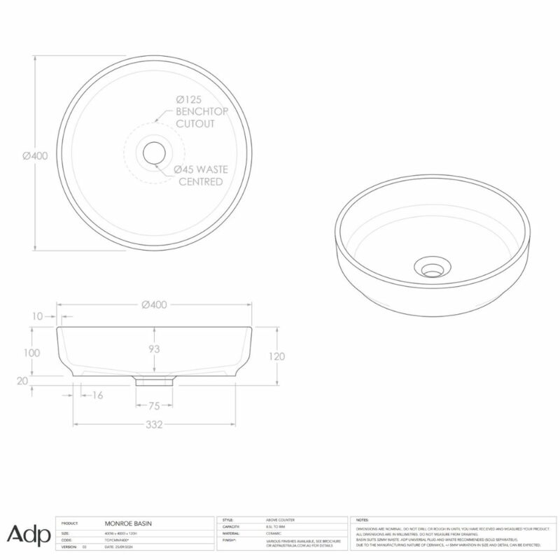 Monroe 400mm wide Matte Ivory Counter Top Basin