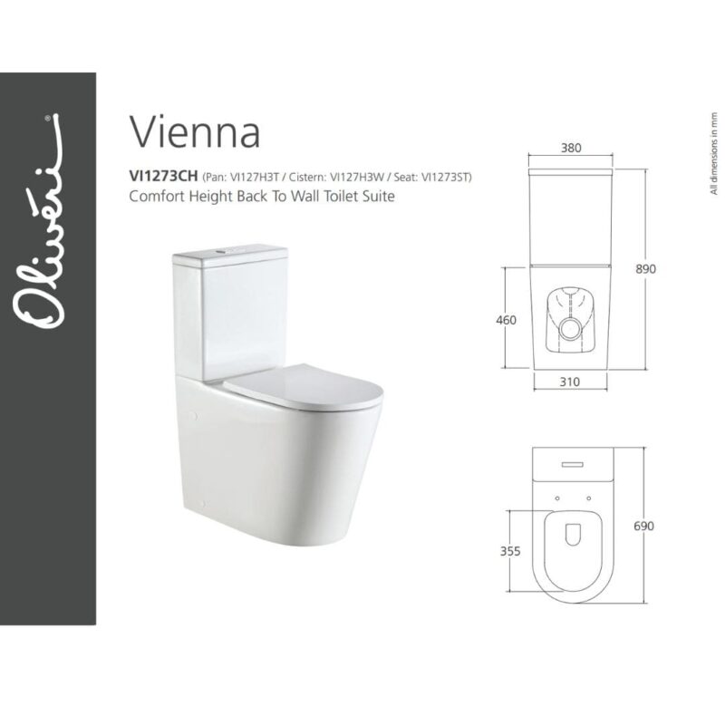 Vienna Comfort Height (460mm pan) Back To Wall Rimless Toilet Suite