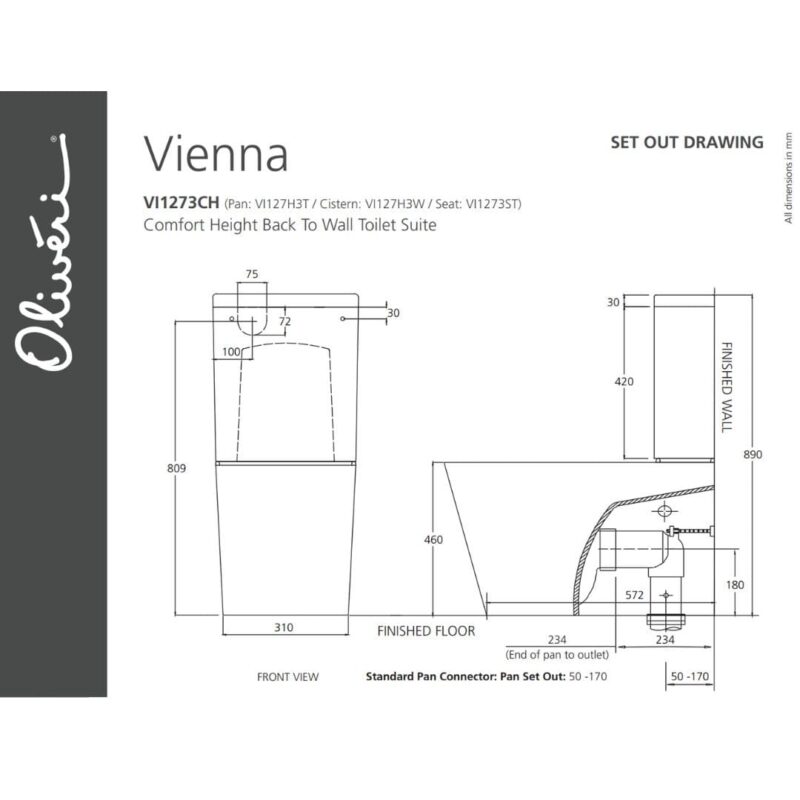 Vienna Comfort Height (460mm pan) Back To Wall Rimless Toilet Suite