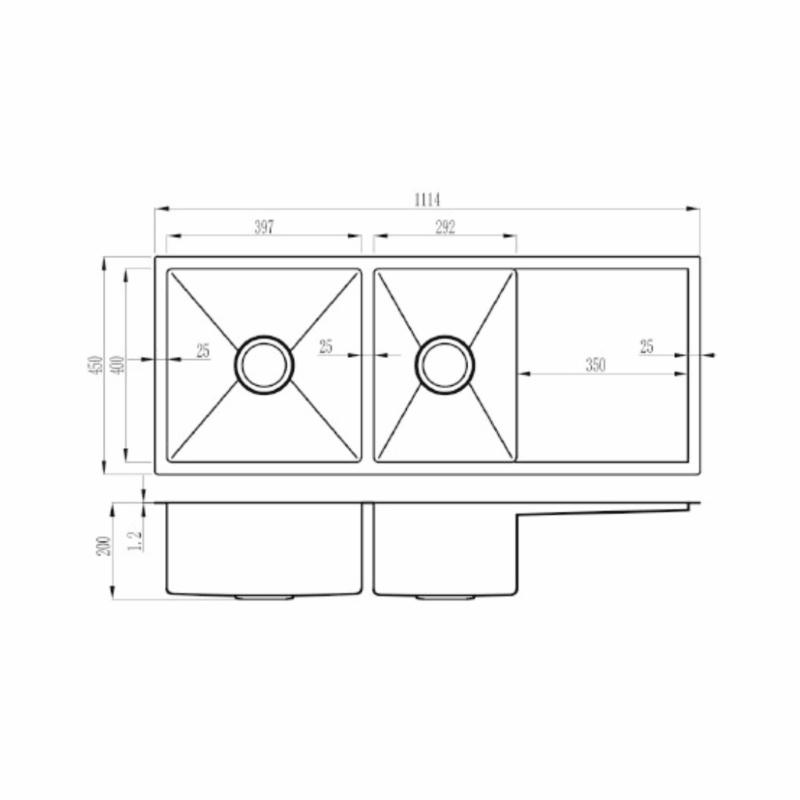 Atlas 1114* 440mm Double Bowl Right Bowls Handmade Kitchen Sink Copper