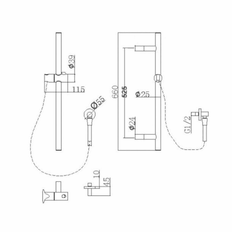 Round Gun Metal Grey Stainless Steel Rail with Handheld Shower,Fixed Wall Connector Set