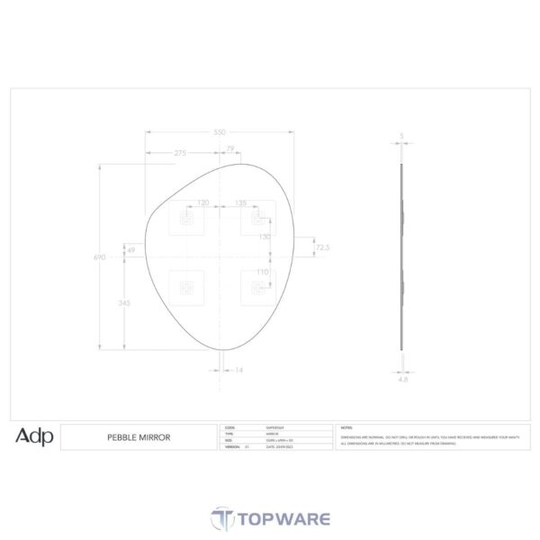 Pebble 550x690 Frameless Mirror