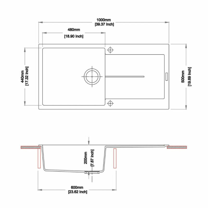 1000 x 500 x 200mm Carysil Enigma Black Single Bowl Drainboard Granite Kitchen Sink