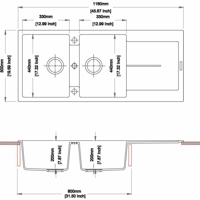 1160 x 500mm Carysil White Double Bowl Drainer Board Granite Kitchen Sink